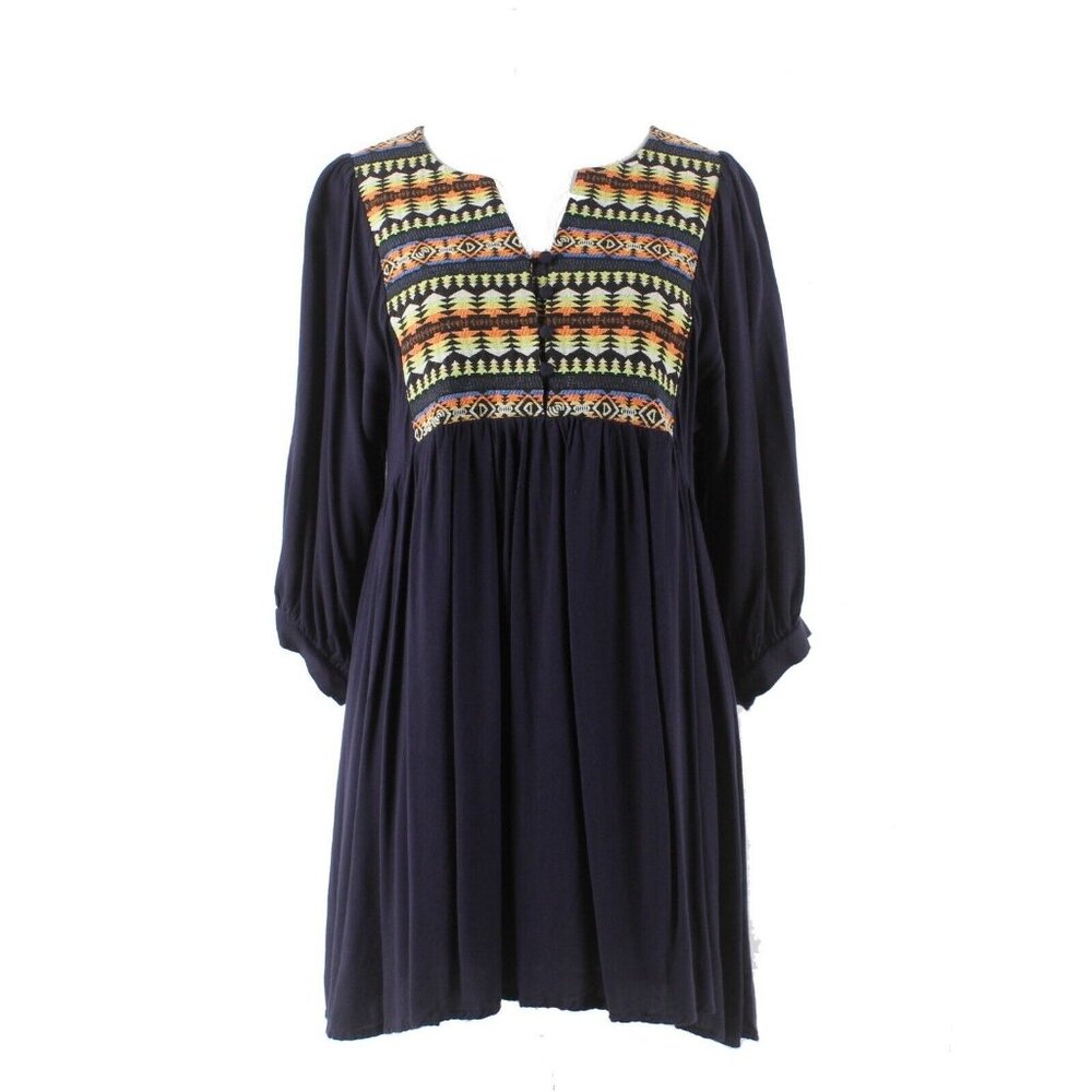 Umgee Sz S Navy Blue Multi Applique Front Gathered Cotton Poly Flowing Dress - Picture 8 of 13